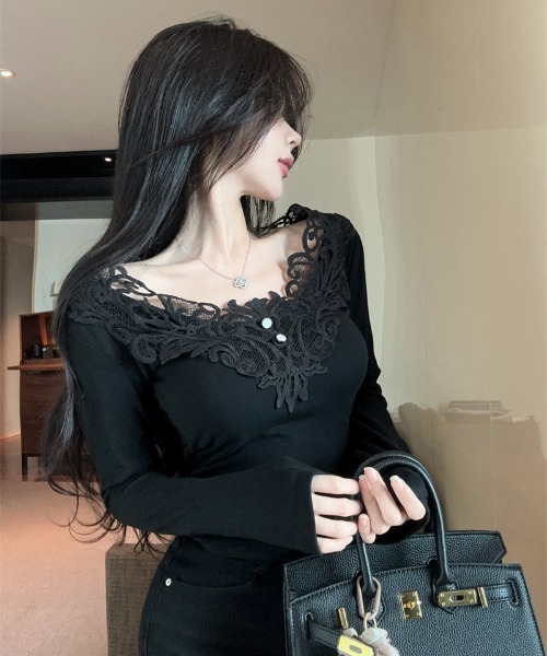 gossip！ロサンゼルス（ゴシップロサンゼルス）の「Y2K レース  きれいめニット（長袖）（Tシャツ/カットソー・レディース・ブラック/ホワイト・M/L）」の10枚目の写真