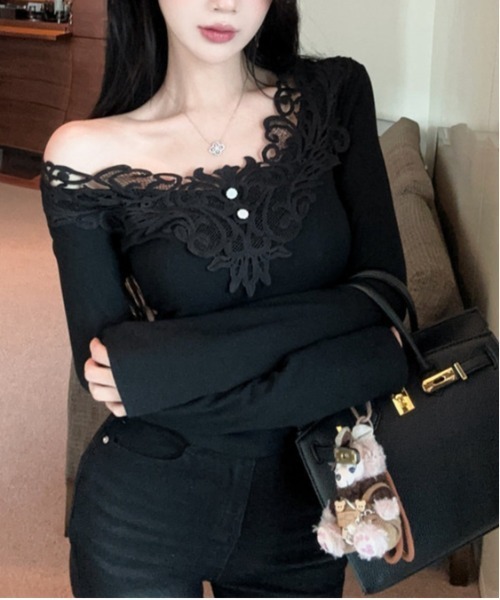 gossip！ロサンゼルス（ゴシップロサンゼルス）の「Y2K レース  きれいめニット（長袖）（Tシャツ/カットソー・レディース・ブラック/ホワイト・M/L）」の12枚目の写真