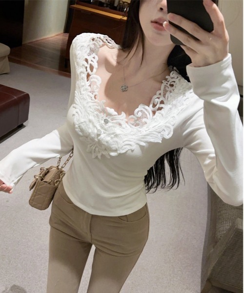 gossip！ロサンゼルス（ゴシップロサンゼルス）の「Y2K レース  きれいめニット（長袖）（Tシャツ/カットソー・レディース・ブラック/ホワイト・M/L）」の20枚目の写真