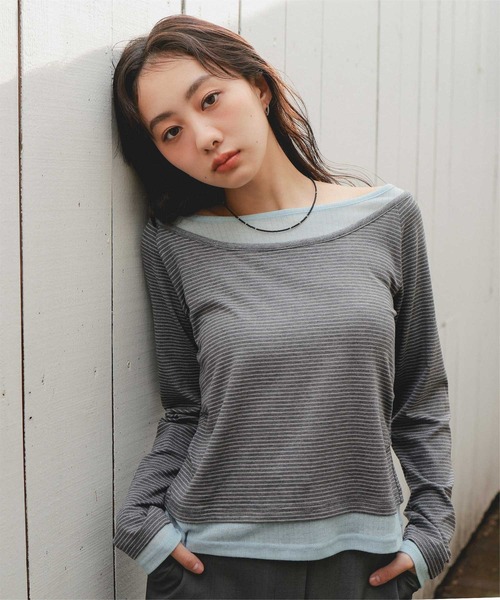 miette(ミエット)の「配色レイヤード風トップス(Tシャツ/カットソー・レディース・ネイビー/ブラウン/ピンク/ライトイエロー/ブラック系その他/グレー系その他・S/M/L)」の1枚目の写真