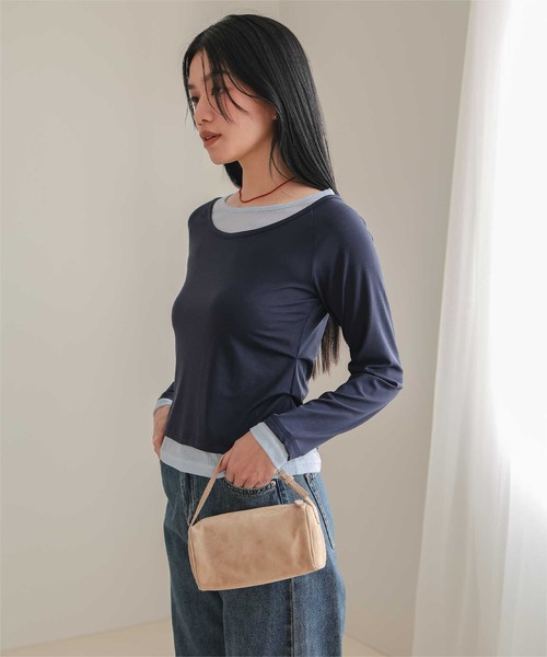 miette(ミエット)の「配色レイヤード風トップス(Tシャツ/カットソー・レディース・ネイビー/ブラウン/ピンク/ライトイエロー/ブラック系その他/グレー系その他・S/M/L)」の4枚目の写真