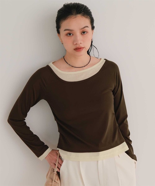 miette(ミエット)の「配色レイヤード風トップス(Tシャツ/カットソー・レディース・ネイビー/ブラウン/ピンク/ライトイエロー/ブラック系その他/グレー系その他・S/M/L)」の3枚目の写真