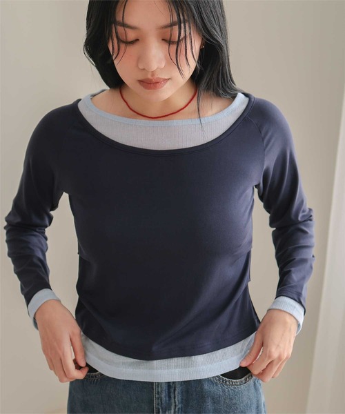 miette(ミエット)の「配色レイヤード風トップス(Tシャツ/カットソー・レディース・ネイビー/ブラウン/ピンク/ライトイエロー/ブラック系その他/グレー系その他・S/M/L)」の7枚目の写真