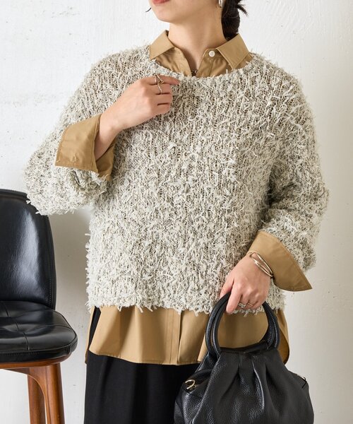 Jena espace merveilleux（ジェナ　エスパスメルヴェイユ）の「リボンチュールミックスニット（ニット/セーター・レディース・グレー/ベージュ・FREE）」の7枚目の写真