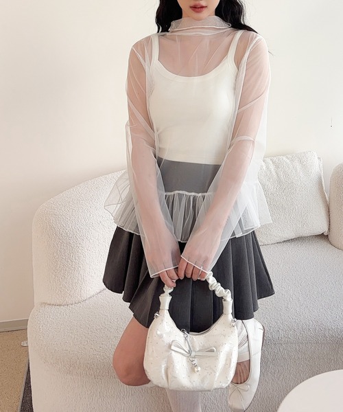 Jasmine Grandiflorum（ジャスミングランディフローラム）の「【Jasmine】シアーフリルトップス (SS)（Tシャツ/カットソー・レディース・ブラック/ホワイト・FREE）」の6枚目の写真
