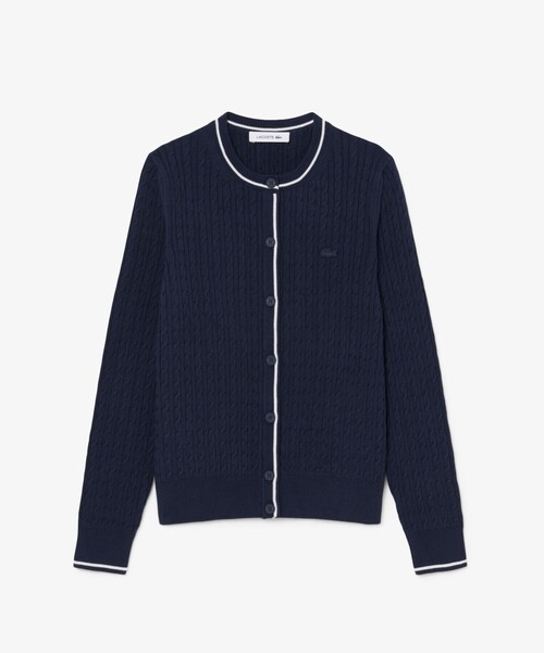 LACOSTE(ラコステ)の「配色ライン入りケーブルニットカーディガン(カーディガン/ボレロ・レディース・ネイビー/オフホワイト・36/40/38/34)」の1枚目の写真