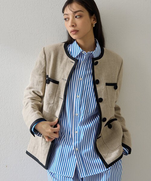 Whim Gazette（ウィムガゼット）の「リネンパイピングジャケット（ノーカラージャケット・レディース・ベージュ・FREE）」の11枚目の写真