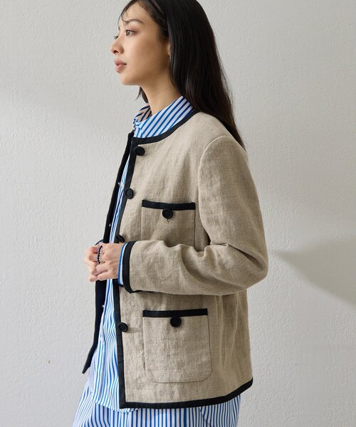 Whim Gazette（ウィムガゼット）の「リネンパイピングジャケット（ノーカラージャケット・レディース・ベージュ・FREE）」の4枚目の写真