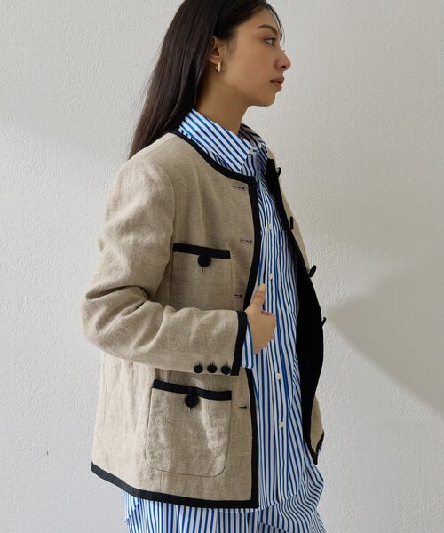 Whim Gazette（ウィムガゼット）の「リネンパイピングジャケット（ノーカラージャケット・レディース・ベージュ・FREE）」の8枚目の写真