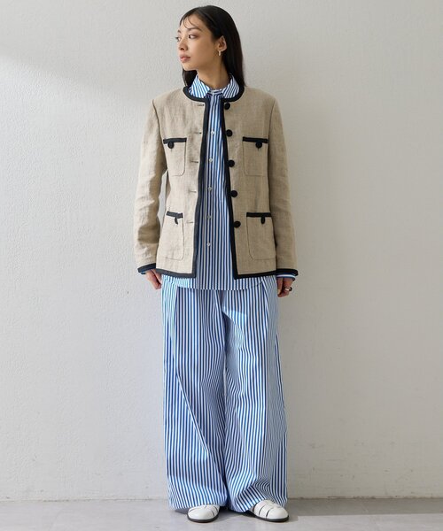 Whim Gazette（ウィムガゼット）の「リネンパイピングジャケット（ノーカラージャケット・レディース・ベージュ・FREE）」の2枚目の写真