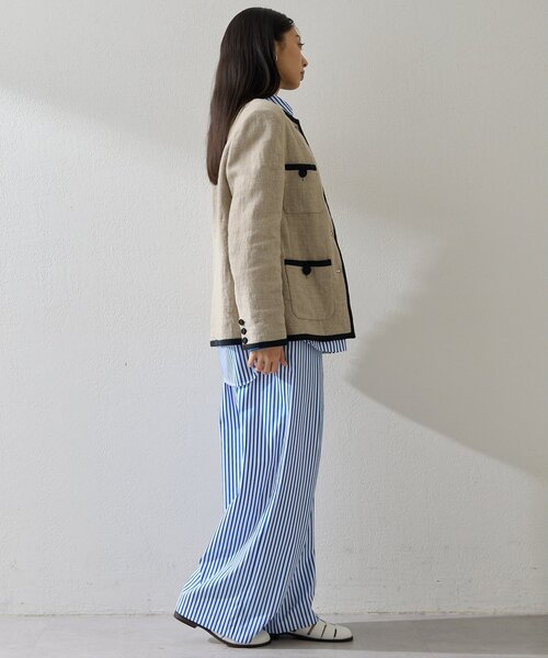 Whim Gazette（ウィムガゼット）の「リネンパイピングジャケット（ノーカラージャケット・レディース・ベージュ・FREE）」の9枚目の写真