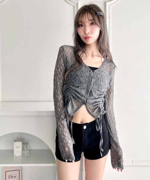 Loueme(ルエム)の「ドロストリボンレースカーディガン(Tシャツ/カットソー・レディース・ホワイト/グレー/ブラック・FREE)」の3枚目の写真