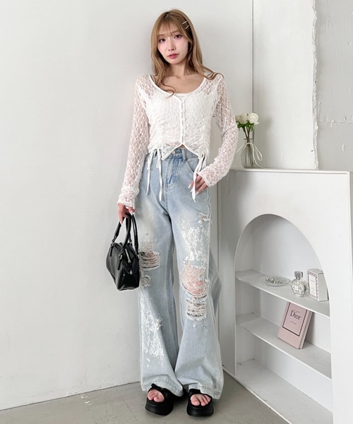 Loueme(ルエム)の「ドロストリボンレースカーディガン(Tシャツ/カットソー・レディース・ホワイト/グレー/ブラック・FREE)」の8枚目の写真
