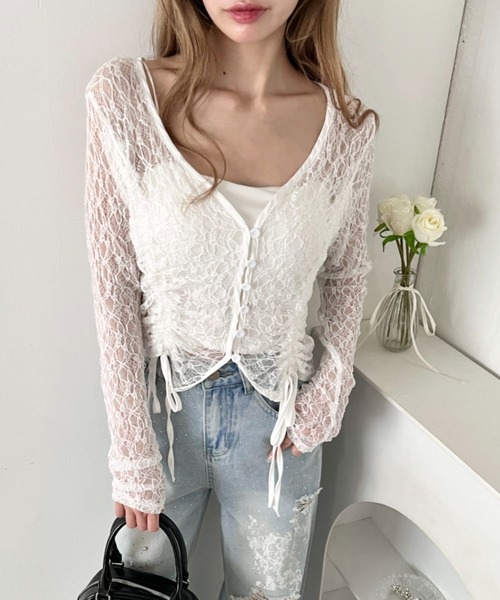 Loueme(ルエム)の「ドロストリボンレースカーディガン(Tシャツ/カットソー・レディース・ホワイト/グレー/ブラック・FREE)」の5枚目の写真