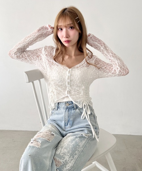 Loueme(ルエム)の「ドロストリボンレースカーディガン(Tシャツ/カットソー・レディース・ホワイト/グレー/ブラック・FREE)」の7枚目の写真