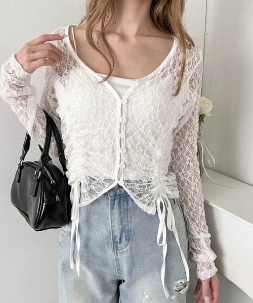 Loueme(ルエム)の「ドロストリボンレースカーディガン(Tシャツ/カットソー・レディース・ホワイト/グレー/ブラック・FREE)」の4枚目の写真