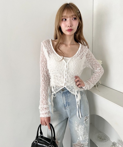 Loueme(ルエム)の「ドロストリボンレースカーディガン(Tシャツ/カットソー・レディース・ホワイト/グレー/ブラック・FREE)」の6枚目の写真