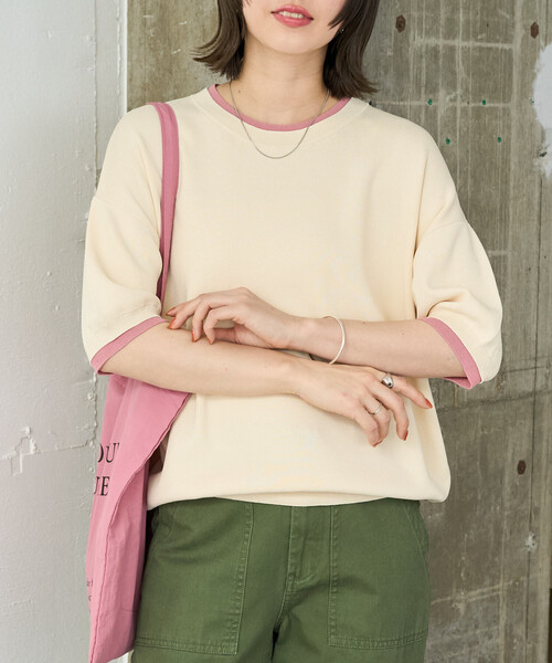 FREAK'S STORE(フリークスストア)の「限定展開 <接触冷感>クールタッチ 配色 レイヤード 半袖 ニット プルオーバー(ニット/セーター・レディース・ブラウン/グレー/ナチュラル/ネイビー/ブラック・フリ-)」の5枚目の写真