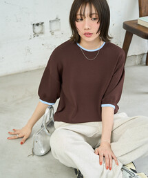 限定展開 <接触冷感>クールタッチ 配色 レイヤード 半袖 ニット プルオーバー