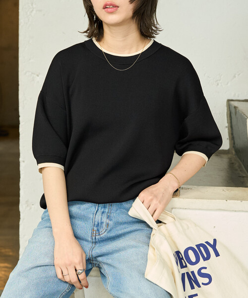 FREAK'S STORE(フリークスストア)の「限定展開 <接触冷感>クールタッチ 配色 レイヤード 半袖 ニット プルオーバー(ニット/セーター・レディース・ブラウン/グレー/ナチュラル/ネイビー/ブラック・フリ-)」の10枚目の写真