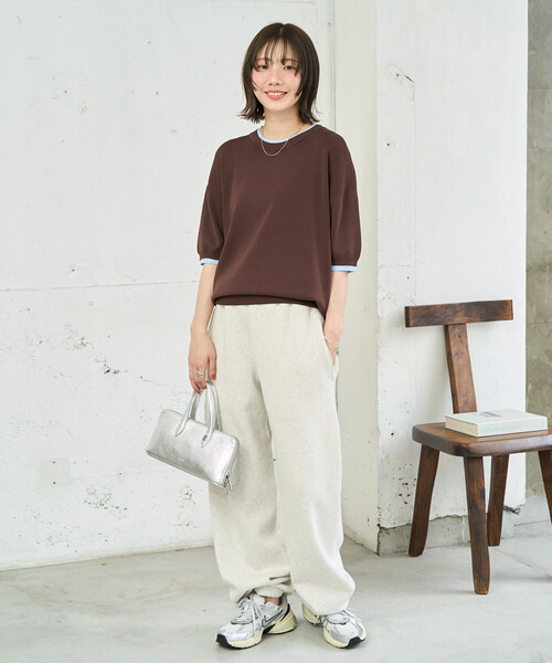 FREAK'S STORE(フリークスストア)の「限定展開 <接触冷感>クールタッチ 配色 レイヤード 半袖 ニット プルオーバー(ニット/セーター・レディース・ブラウン/グレー/ナチュラル/ネイビー/ブラック・フリ-)」の13枚目の写真