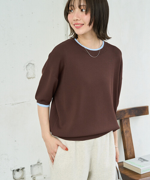 FREAK'S STORE(フリークスストア)の「限定展開 <接触冷感>クールタッチ 配色 レイヤード 半袖 ニット プルオーバー(ニット/セーター・レディース・ブラウン/グレー/ナチュラル/ネイビー/ブラック・フリ-)」の15枚目の写真