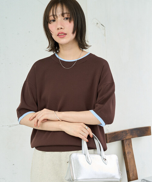 FREAK'S STORE(フリークスストア)の「限定展開 <接触冷感>クールタッチ 配色 レイヤード 半袖 ニット プルオーバー(ニット/セーター・レディース・ブラウン/グレー/ナチュラル/ネイビー/ブラック・フリ-)」の16枚目の写真