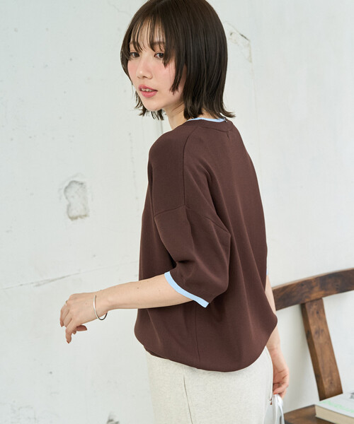 FREAK'S STORE(フリークスストア)の「限定展開 <接触冷感>クールタッチ 配色 レイヤード 半袖 ニット プルオーバー(ニット/セーター・レディース・ブラウン/グレー/ナチュラル/ネイビー/ブラック・フリ-)」の17枚目の写真