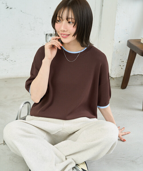 FREAK'S STORE(フリークスストア)の「限定展開 <接触冷感>クールタッチ 配色 レイヤード 半袖 ニット プルオーバー(ニット/セーター・レディース・ブラウン/グレー/ナチュラル/ネイビー/ブラック・フリ-)」の19枚目の写真
