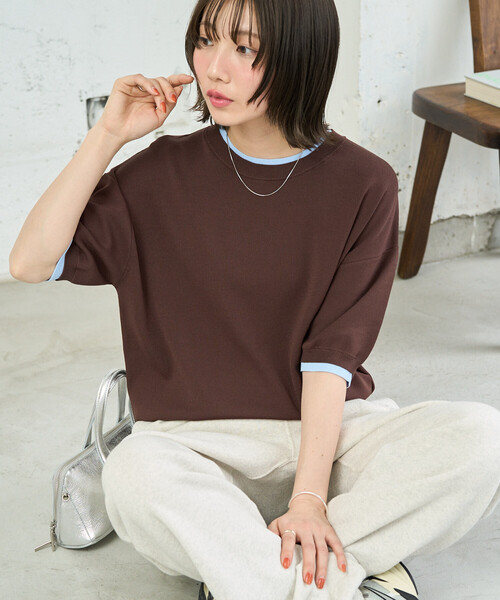 FREAK'S STORE(フリークスストア)の「限定展開 <接触冷感>クールタッチ 配色 レイヤード 半袖 ニット プルオーバー(ニット/セーター・レディース・ブラウン/グレー/ナチュラル/ネイビー/ブラック・フリ-)」の20枚目の写真