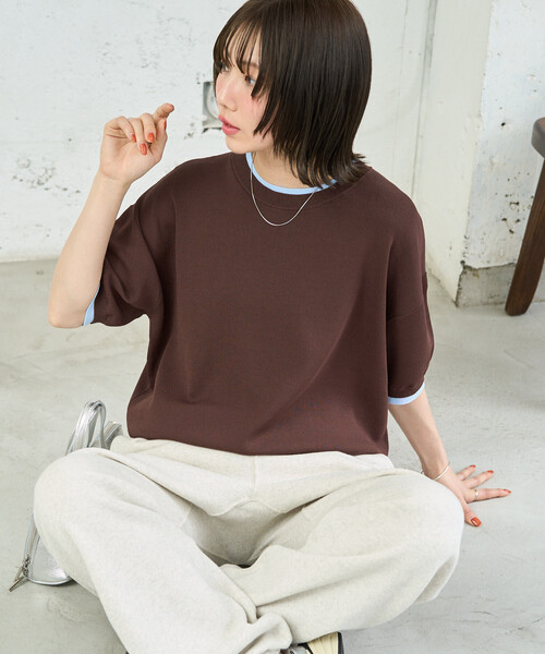 FREAK'S STORE(フリークスストア)の「限定展開 <接触冷感>クールタッチ 配色 レイヤード 半袖 ニット プルオーバー(ニット/セーター・レディース・ブラウン/グレー/ナチュラル/ネイビー/ブラック・フリ-)」の21枚目の写真