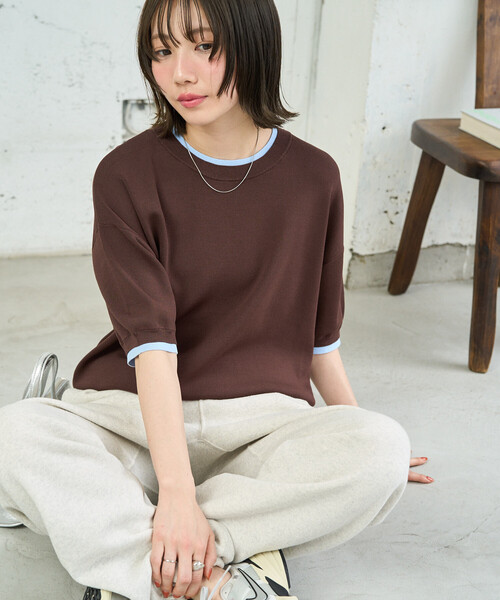 FREAK'S STORE(フリークスストア)の「限定展開 <接触冷感>クールタッチ 配色 レイヤード 半袖 ニット プルオーバー(ニット/セーター・レディース・ブラウン/グレー/ナチュラル/ネイビー/ブラック・フリ-)」の22枚目の写真