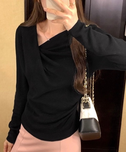 Alvia(アルビア)の「アシメネックドレープニットトップス/大人フェミニン(ニット/セーター・レディース・ブラック/アイボリー・M)」の7枚目の写真