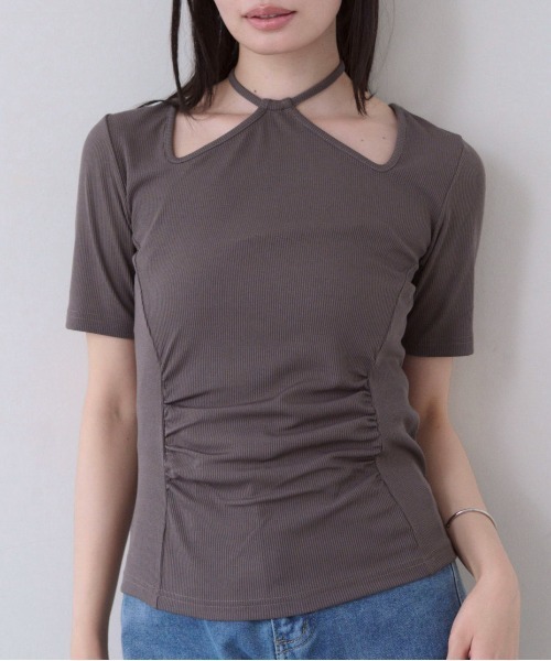 SOYEN(ソイエン)の「ネックストラップウエストギャザートップス(Tシャツ/カットソー・レディース・ブラウン/クリーム・F)」の2枚目の写真