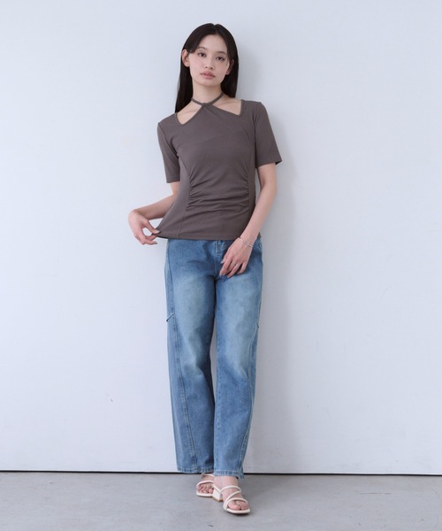 SOYEN(ソイエン)の「ネックストラップウエストギャザートップス(Tシャツ/カットソー・レディース・ブラウン/クリーム・F)」の12枚目の写真