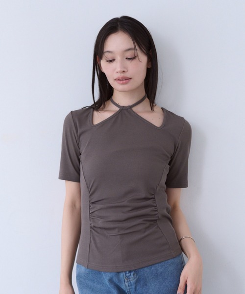SOYEN(ソイエン)の「ネックストラップウエストギャザートップス(Tシャツ/カットソー・レディース・ブラウン/クリーム・F)」の13枚目の写真