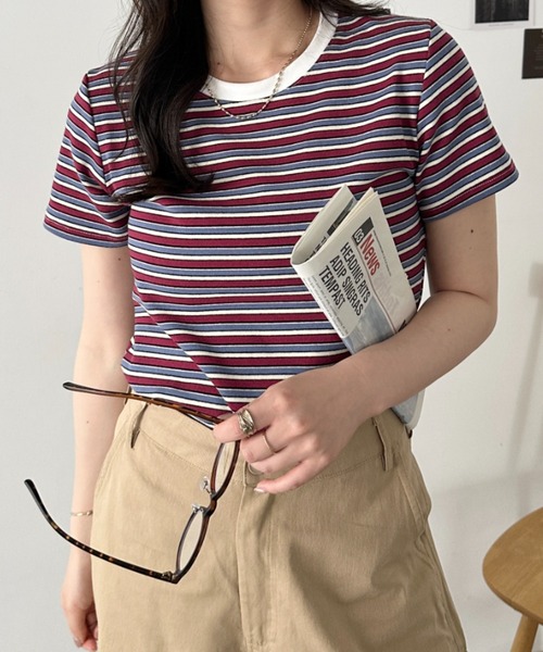 CLEA(クレア)の「マルチボーダーシンプルTシャツ(Tシャツ/カットソー・レディース・グレー/ブラウン/ピンク/ブルー/レッド・FREE)」の5枚目の写真