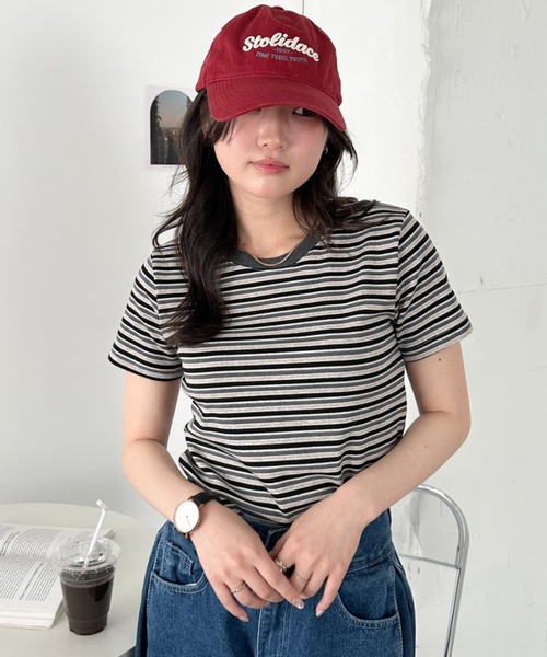 CLEA(クレア)の「マルチボーダーシンプルTシャツ(Tシャツ/カットソー・レディース・グレー/ブラウン/ピンク/ブルー/レッド・FREE)」の8枚目の写真