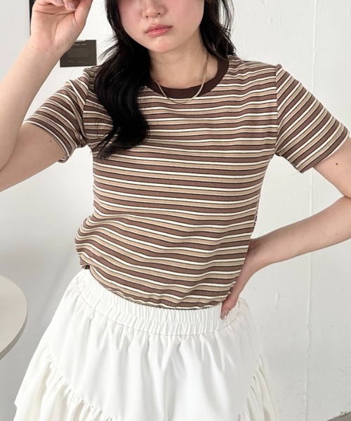 CLEA(クレア)の「マルチボーダーシンプルTシャツ(Tシャツ/カットソー・レディース・グレー/ブラウン/ピンク/ブルー/レッド・FREE)」の13枚目の写真