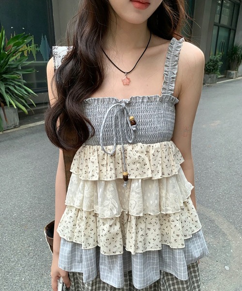 26ss チェック×小花柄ティアードリボンキャミソール（ワンピース