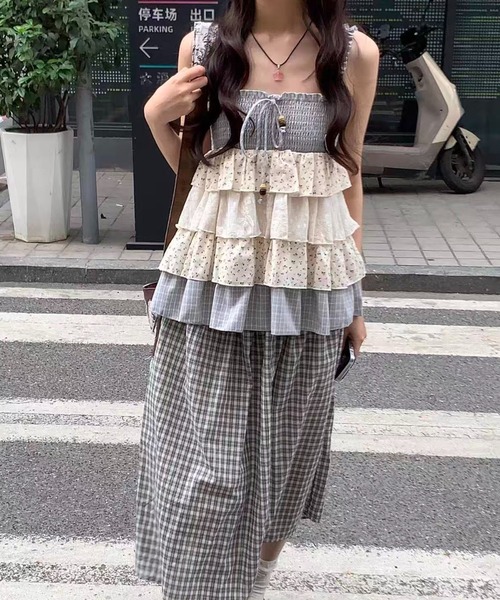 AsRiRe(アスリレイ)の「新色追加/26ss チェック×小花柄ティアードリボンキャミソール(ワンピース・レディース・グレー/ブラウン・M)」の6枚目の写真