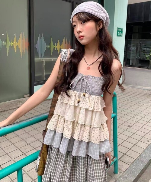 AsRiRe(アスリレイ)の「新色追加/26ss チェック×小花柄ティアードリボンキャミソール(ワンピース・レディース・グレー/ブラウン・M)」の7枚目の写真