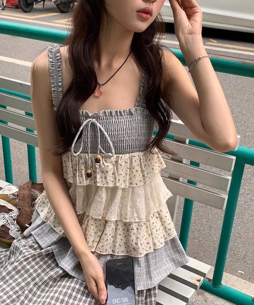セール】新色追加/26ss チェック×小花柄ティアードリボンキャミソール