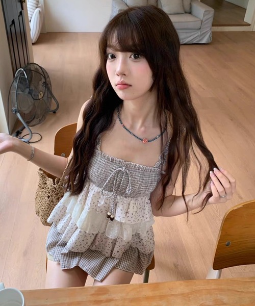 AsRiRe(アスリレイ)の「新色追加/26ss チェック×小花柄ティアードリボンキャミソール(ワンピース・レディース・グレー/ブラウン・M)」の11枚目の写真