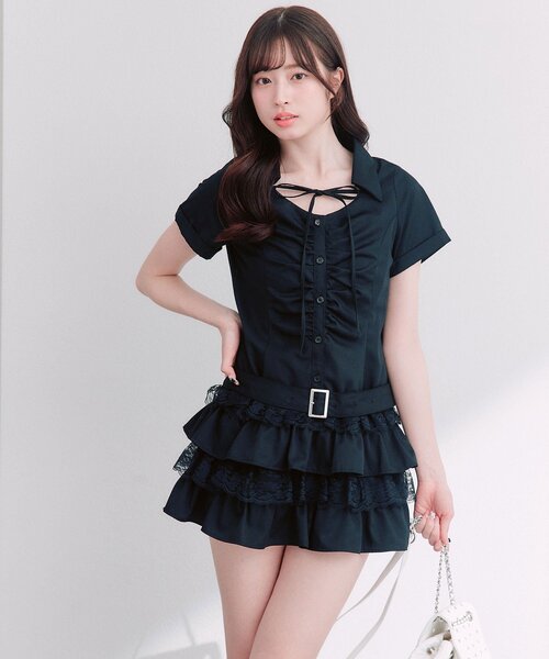 OLIVE des OLIVE(オリーブデオリーブ)の「ティアードシャツワンピ(ワンピース・レディース・ブラウン/オフホワイト/ブラック・FREE)」の1枚目の写真