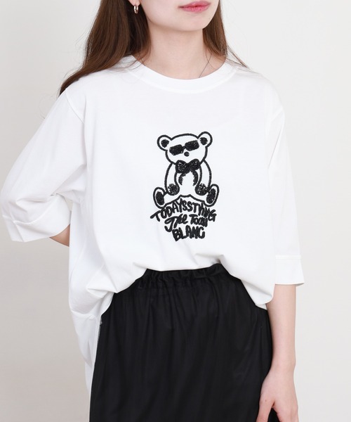 EGLANTINE(エグランティーヌ)の「EGLANTINE スパンコール×刺繍ベアーカットソー 半袖(Tシャツ/カットソー・レディース・ブラック/オフホワイト/サンドベージュ/ブラック×ベージュ・38)」の8枚目の写真