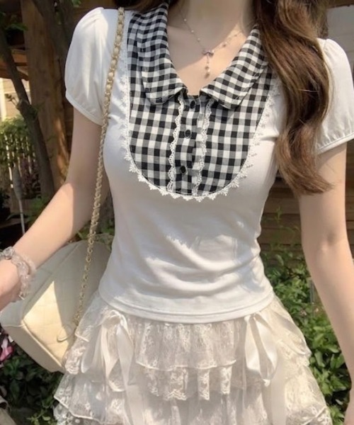 SHEPP(シープ)の「ギンガムチェック 襟付きレーストリム パフスリーブ半袖カットソー(Tシャツ/カットソー・レディース・ブラック/ホワイト・M/S)」の2枚目の写真