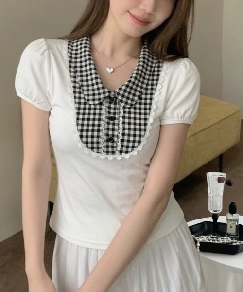 SHEPP(シープ)の「ギンガムチェック 襟付きレーストリム パフスリーブ半袖カットソー(Tシャツ/カットソー・レディース・ブラック/ホワイト・M/S)」の6枚目の写真