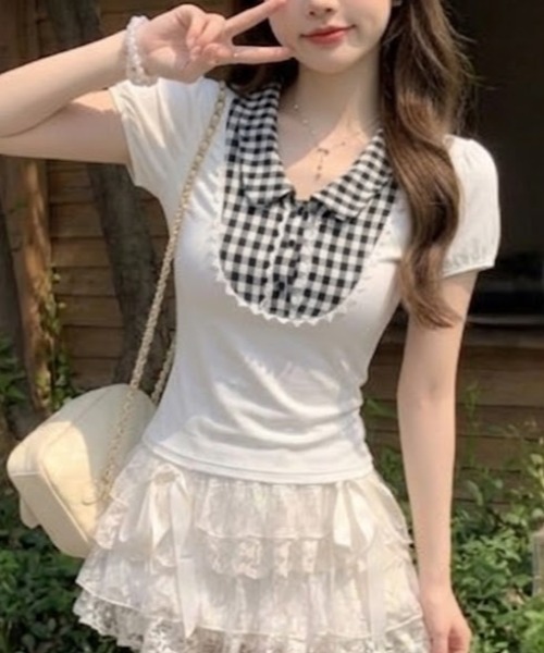 SHEPP(シープ)の「ギンガムチェック 襟付きレーストリム パフスリーブ半袖カットソー(Tシャツ/カットソー・レディース・ブラック/ホワイト・M/S)」の8枚目の写真