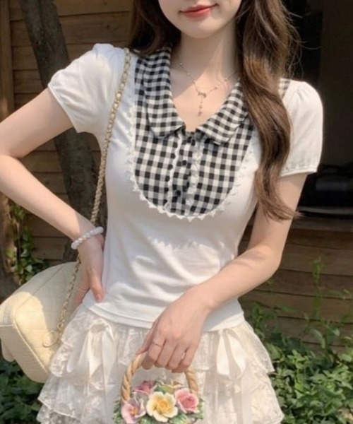 SHEPP(シープ)の「ギンガムチェック 襟付きレーストリム パフスリーブ半袖カットソー(Tシャツ/カットソー・レディース・ブラック/ホワイト・M/S)」の10枚目の写真